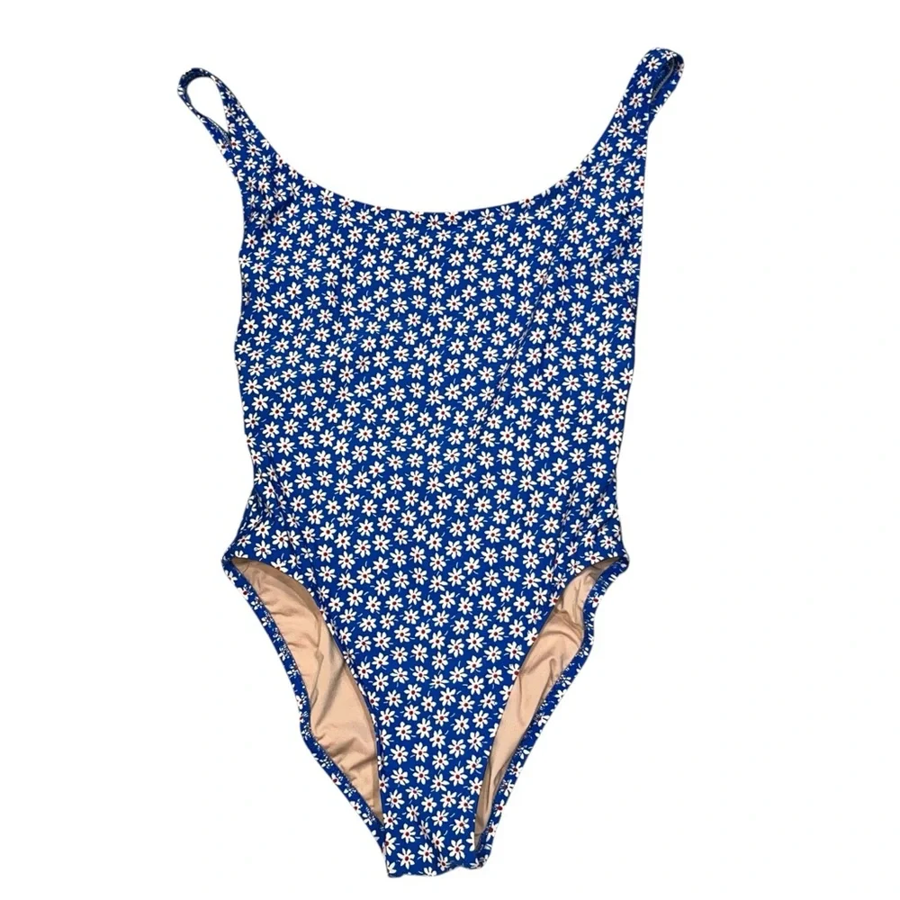 Madewell Plunging Scoopback One Piece Blue Mini Daisy Swimsuit size 4 - Picture 5 of 12